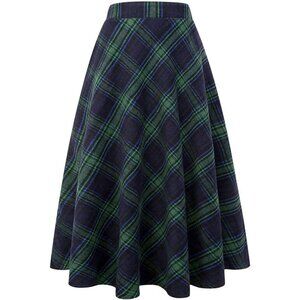 Womens Green 92026 Elastic Waist A-Line Pleated Tartan Long Plaid Wool Skirts